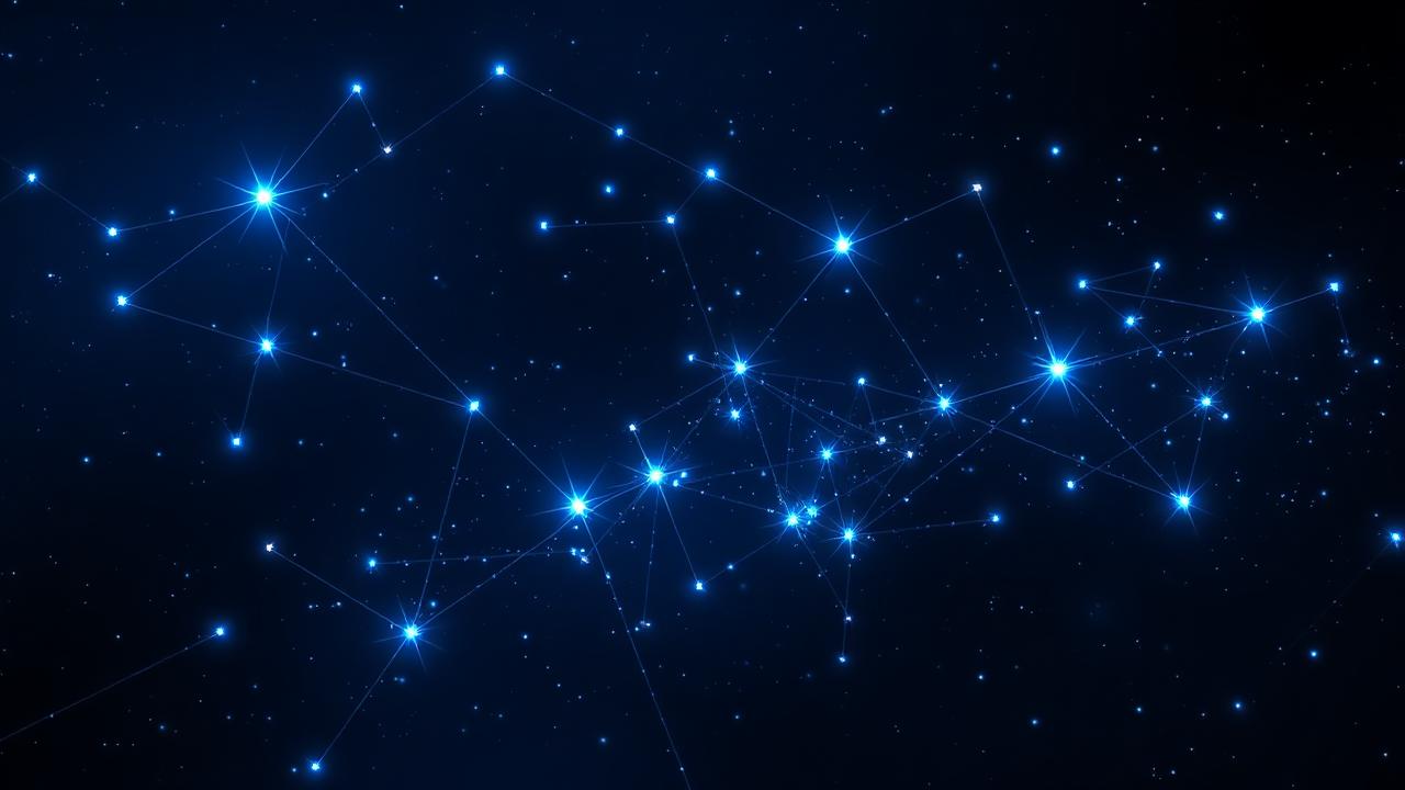 Constelação de estrelas brilhantes conectadas por linhas azuis em fundo escuro