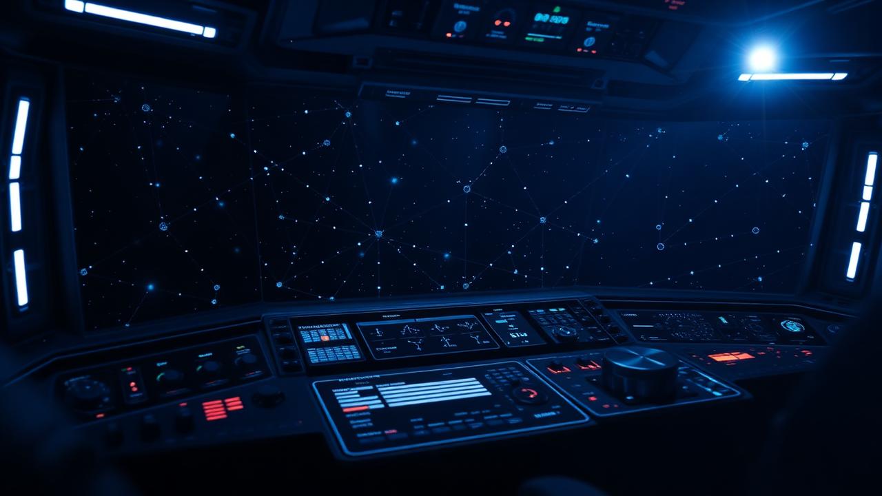 Painel de comando futurista com dados de constelações brilhando ao fundo