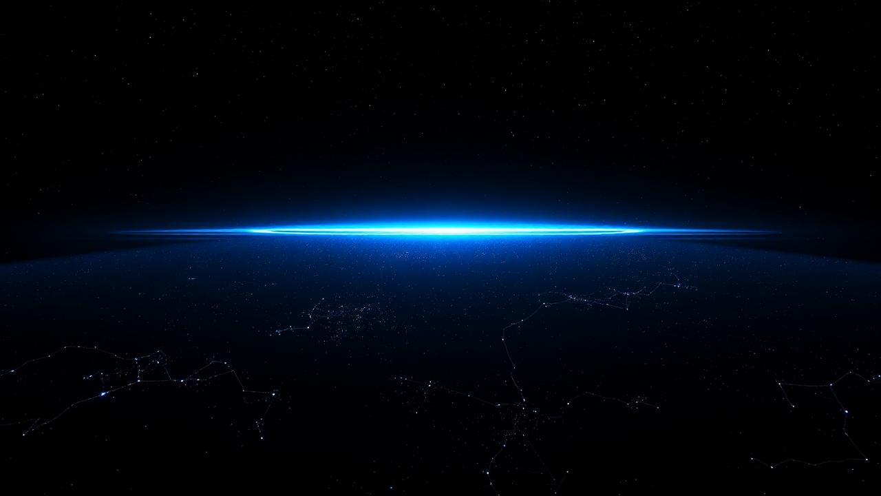Horizonte de luz azul brilhante sobre planeta escuro com constelações